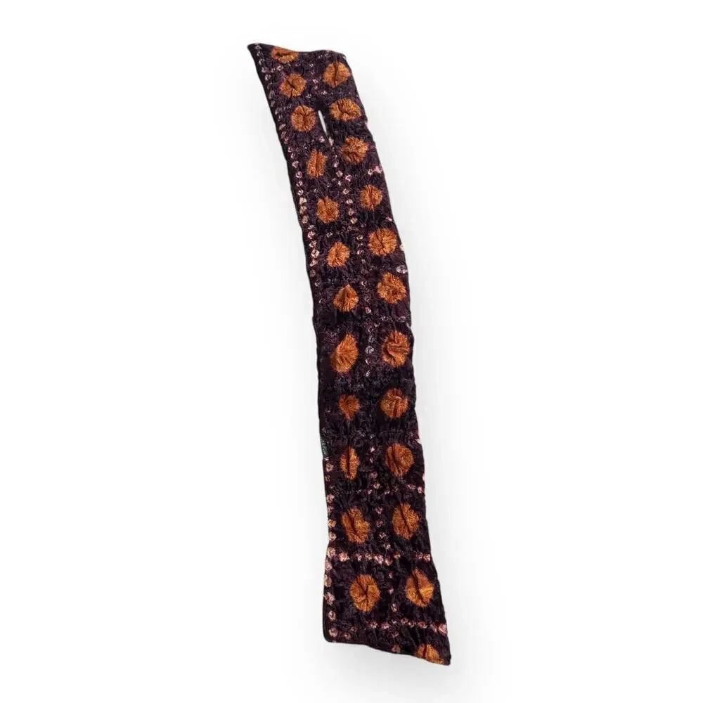 Block Print Reversible Velvet Vintage Pull Through Scarf Orange Mauve Brown 28”